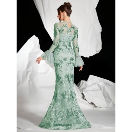 Elegant Mint Green Floral Evening Gown for Women - Long Sleeve, A-Line Mermaid Dress with Sheer Overlay, Perfect for Weddings and Formal Events, Formal Evening Gown