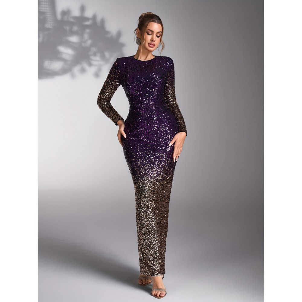 Elegant Purple Sequin Gradient Bridesmaid Evening Gown - Long Sleeve, Round Neck, Form-Fitting Maxi Dress for Weddings and Formal Events, Bridesmaid Dress, Wedding Attire, Sophisticated Style, Detailed Sequins, Medium Elasticity