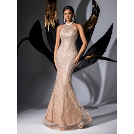 [Elegant Dress] Elegant Sleeveless Formal Dinner Dress | Champagne Halterneck Fishtail for Women - Sparkling Sequins, Mermaid Silhouette, Perfect for Galas & Weddings, Sophisticated Style, Intricate Embellishments