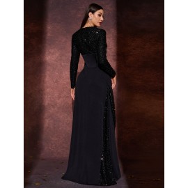 [Sequin Formal Dress] Elegant Sequin V-Neck Long Sleeve A-Line Dress | Women's Floor-Length Formal Party Gala Evening Gown with Waist-Cinching & High Slit