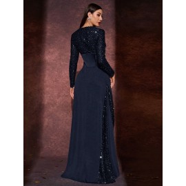 [Sequin Formal Dress] Elegant Sequin V-Neck Long Sleeve A-Line Dress | Women's Floor-Length Formal Party Gala Evening Gown with Waist-Cinching & High Slit