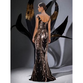 Exquisite Elegant U-Neck Waist-Cinched Fishtail Dress with Beaded Rhinestone Embellishments – Glamorous Evening Gown for Banquets, Awards Ceremonies, Weddings, and Graduation Parties