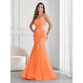 Stunning Sequined Mermaid Wedding Dress - Elegant Sleeveless Mesh Tube Gown for Party, Banquet, Engagement Ceremony, Wedding Occasion - Women's Formal Clothing for Special Events