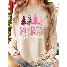 Christmas Autumn and Winter Outfits Pink Christmas Tree Letter Print Round Neck Casual Sporty Fresh Elegant Plus Size Women'S T-Shirt Autumn and Winter Long Sleeve Fashion Commute Vacation Daily Versatile Retro Style Top Multiple Colors Available 1XL-5XL