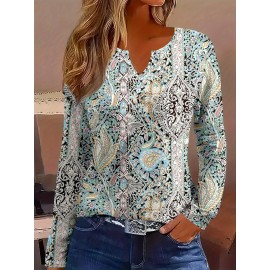Plus Size, Plus Size Women's Elegant V-Neck Long Sleeve T-Shirt - All-Over Floral Print, Stretchy Mid-Weight Fabric, Machine Washable, Autumn Winter Casual & Formal Tops