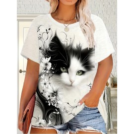 Plus Size - Women'S Plus Size Cat Print T-Shirt - Casual Crew Neck, Fabric, 95% Polyester 5% Spandex, Summer Animal Design with Floral Accents, Perfect for Outdoor and Travel, Casual Summer Wear | Playful Graphic Tee | Stretchy Fabric