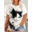 Plus Size - Women'S Plus Size Cat Print T-Shirt - Casual Crew Neck, Fabric, 95% Polyester 5% Spandex, Summer Animal Design with Floral Accents, Perfect for Outdoor and Travel, Casual Summer Wear | Playful Graphic Tee | Stretchy Fabric