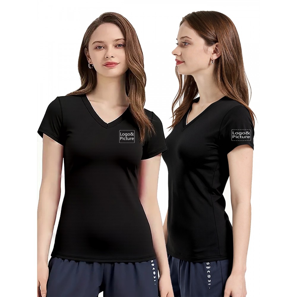 Women'S V-Neck T-Shirt with Left Chest & Sleeve Logo Print, Customizable Personal Design, Soft Breathable Stretch Fabric for Comfortable Movement - Perfect for, Casual Wear, Yoga, Dance & Sports Teams, Comfortable Fit, Durable Construction