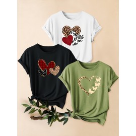 3pcs Women'S Casual Short Sleeve T-Shirts with Leopard Print & Heart Design - Loose Fit, Round Neck, Medium Stretch, All-Season Comfort, Available in 1XL-5XL Sizes, Leopard Print T Shirt, Vacation Clothing, Trendy Fashion, Comfortable Fit