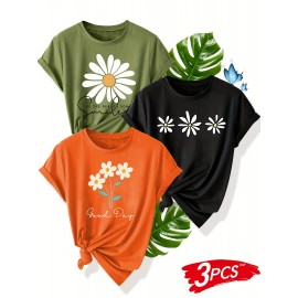 3pcs Floral Print Women'S Casual T-Shirt Set - Black, Red, Beige with Daisy & Sun Design, Short Sleeve, Round Neck, Perfect for Summer, Beach, and Sporty Style, Beach Wear | Floral Print Tee | Comfortable Fit, Ladies T Shirts